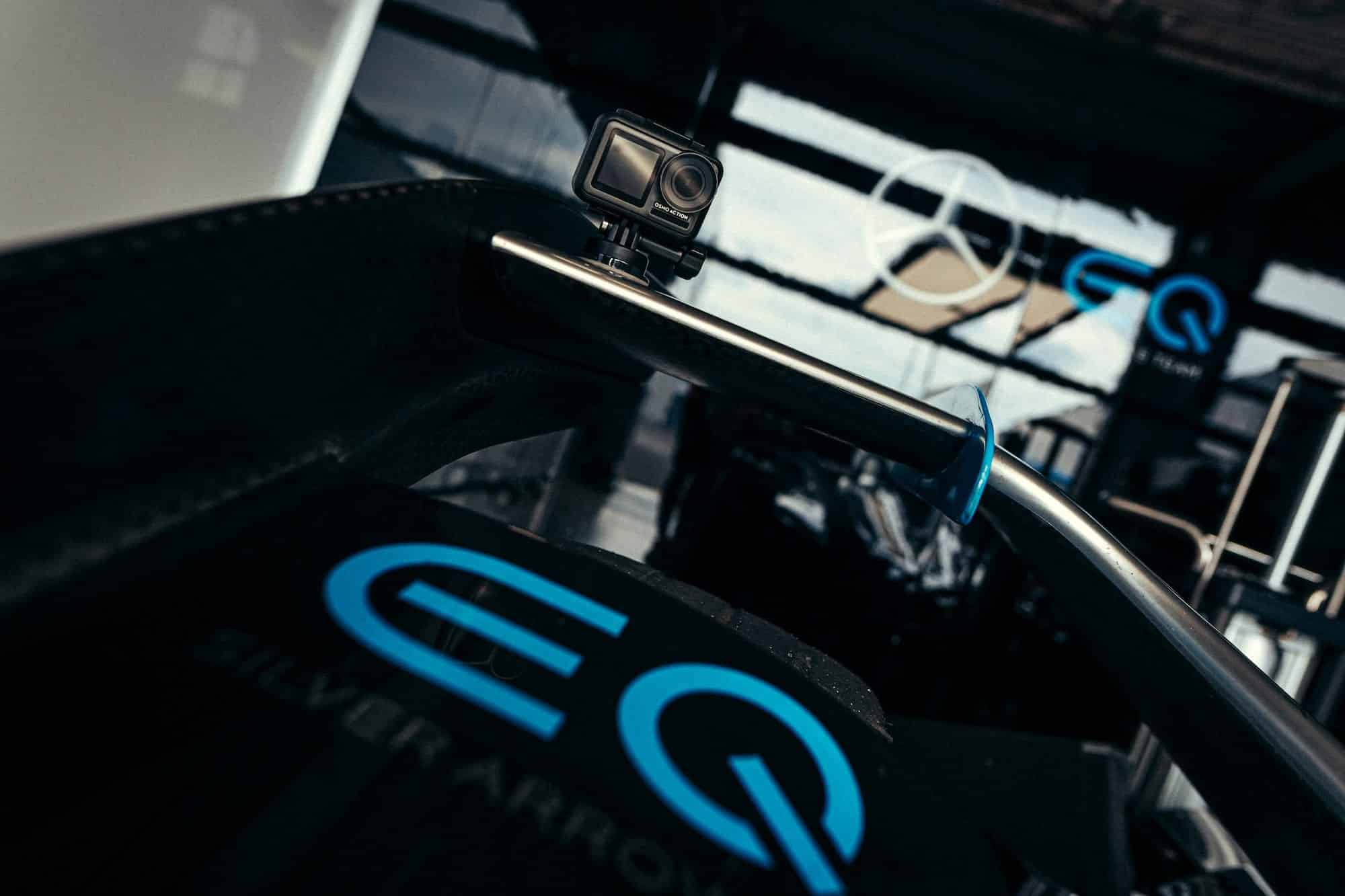 DJI Action camera mounted on the halo of a Mercedes EQ Silver Arrow race car.