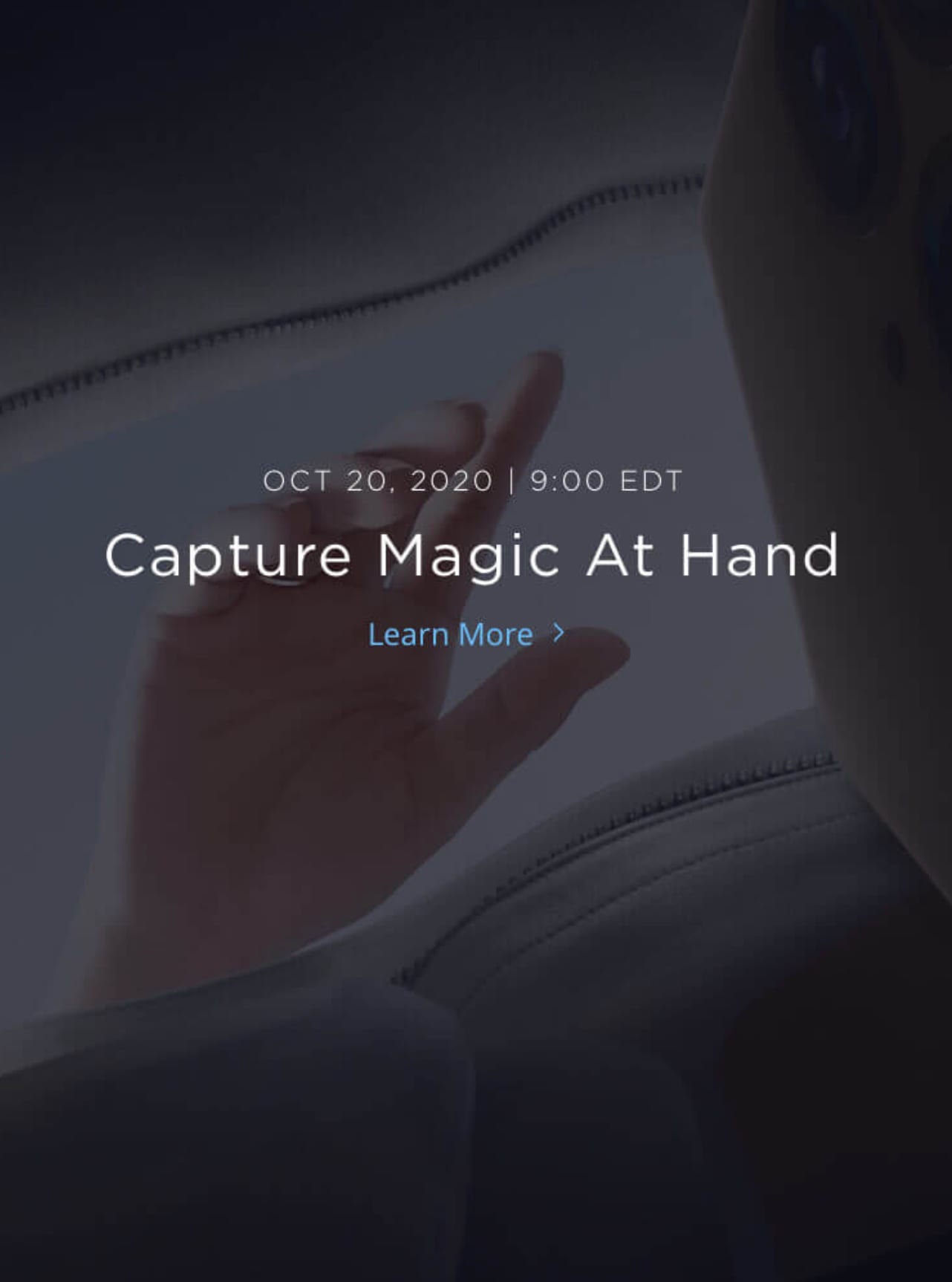 DJI teaser page reading Capture Magic At Hand above a shadowed hand and bag.