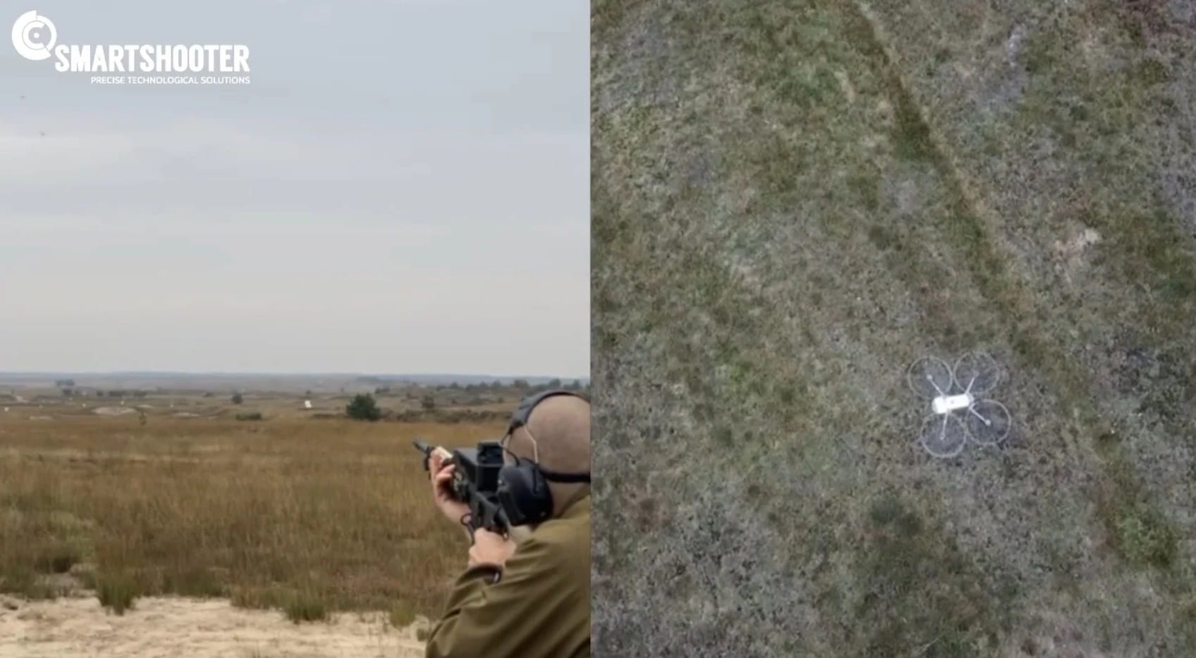 Smart Shooter promo split screen with a soldier aiming at a small quadcopter.