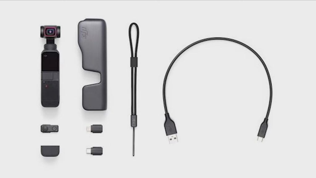 DJI Osmo Pocket 2 laid out with its accessories in a leaked photo.
