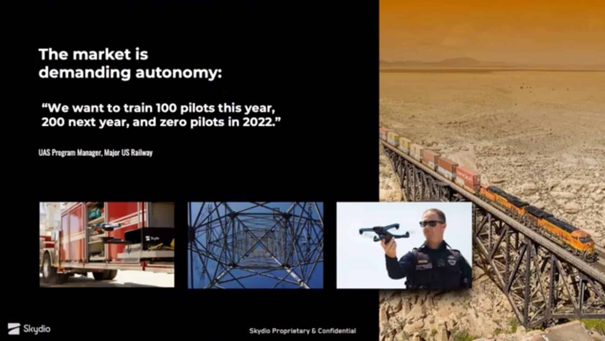 Skydio slide quoting a railway UAS program manager who wants zero drone pilots by 2022.