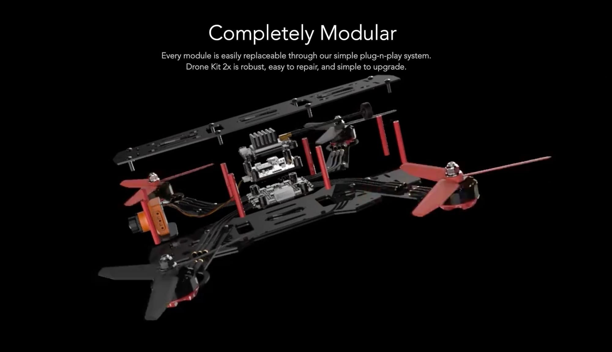 Product render of a modular red-and-black drone kit labeled Completely Modular.