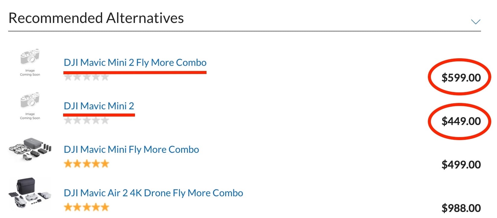 The Adorama website shows that the DJI Mavic Mini 2 will be priced at $449 and at $599 for the DJI Mavic Mini 2 Fly More Combo.