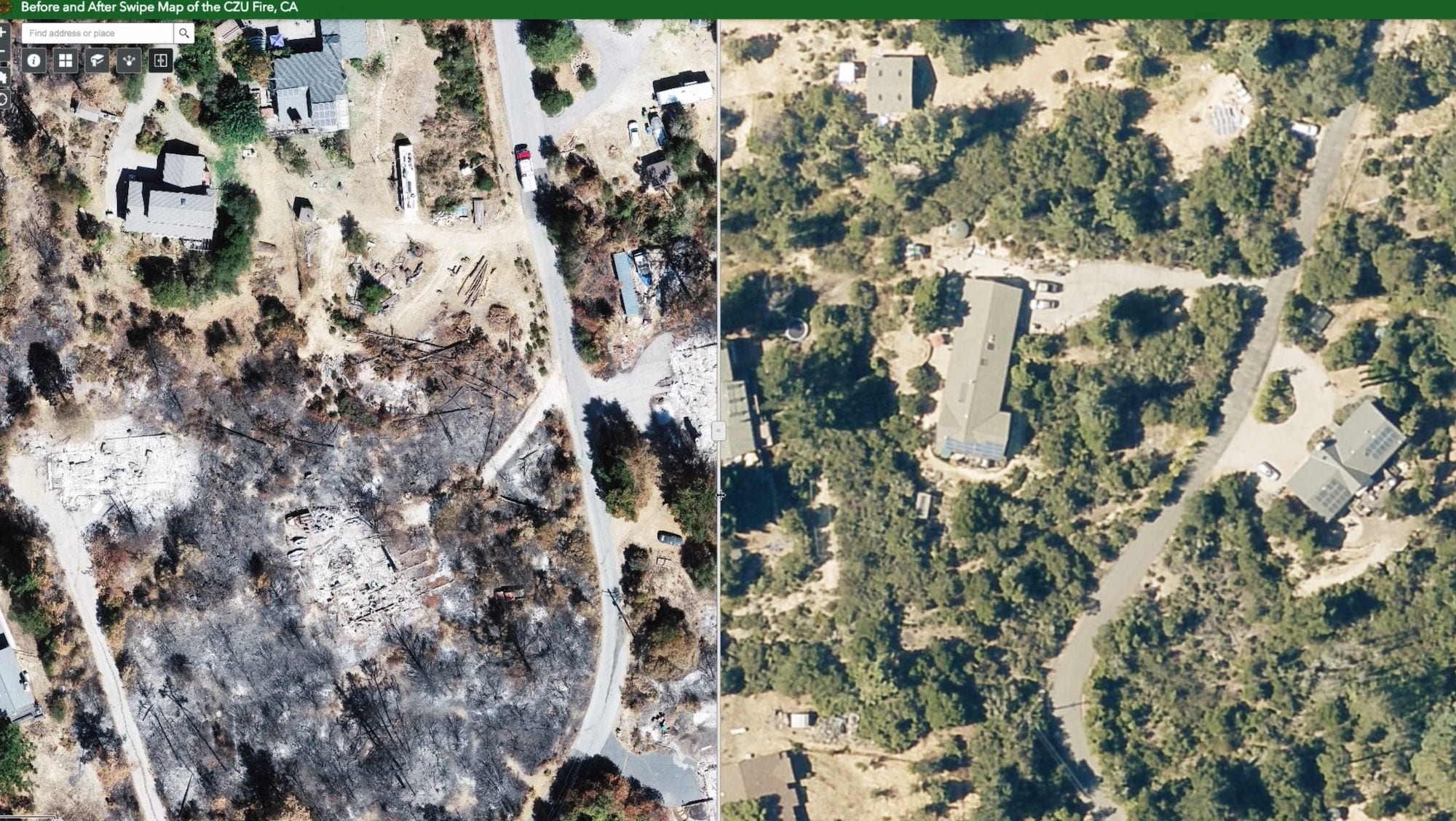 Side-by-side before and after aerial maps of the burned CZU fire area.