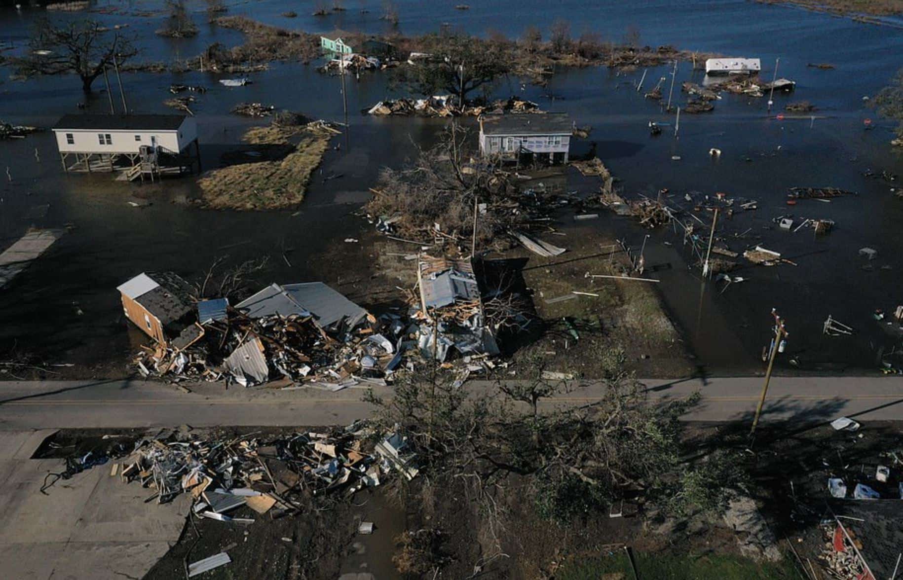 Multiple buildings destroyed by Hurricanes Delta and Laura in Cameron, Louisiana.