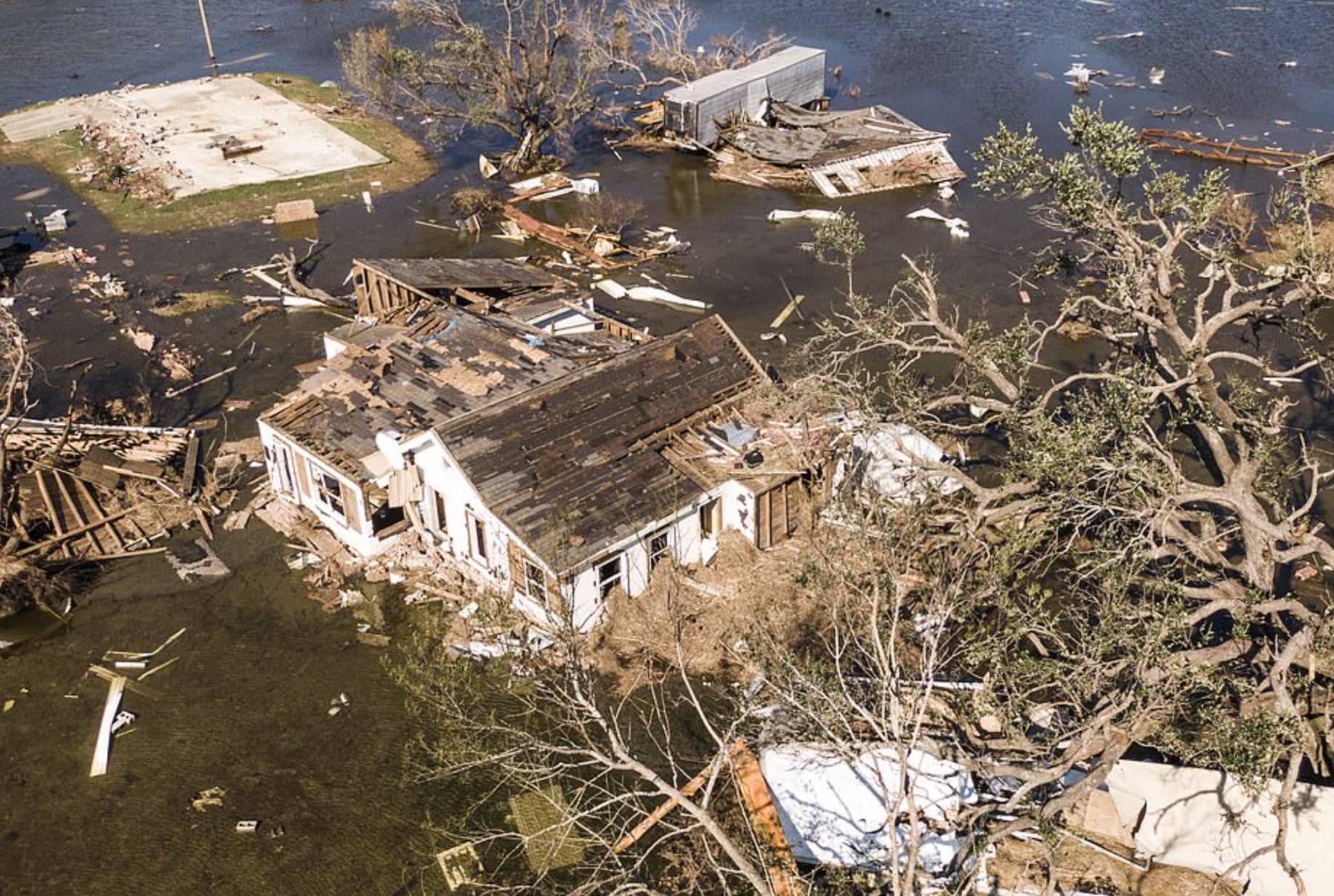 A storm-damaged home in Cameron, Louisiana, seen from above.