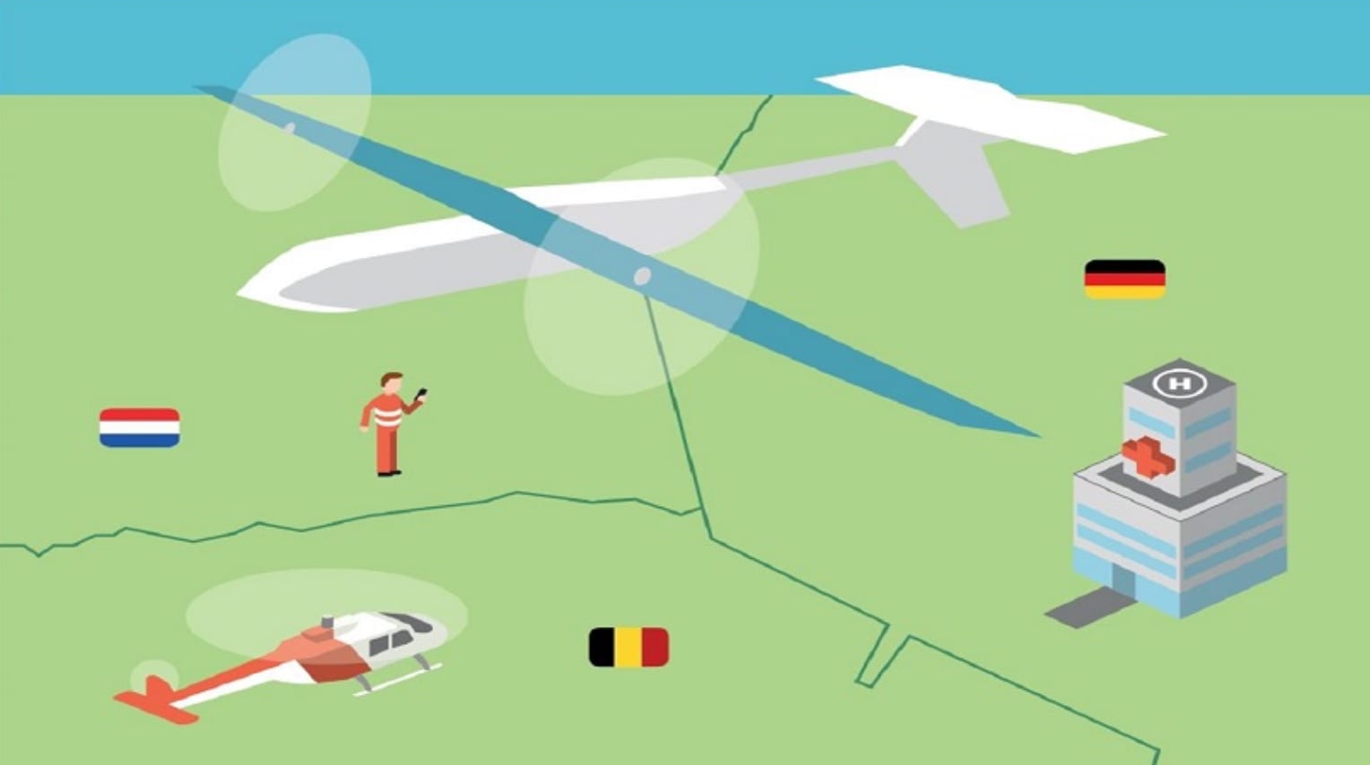 Illustration tracing a drone route from Germany to the Netherlands past a hospital.