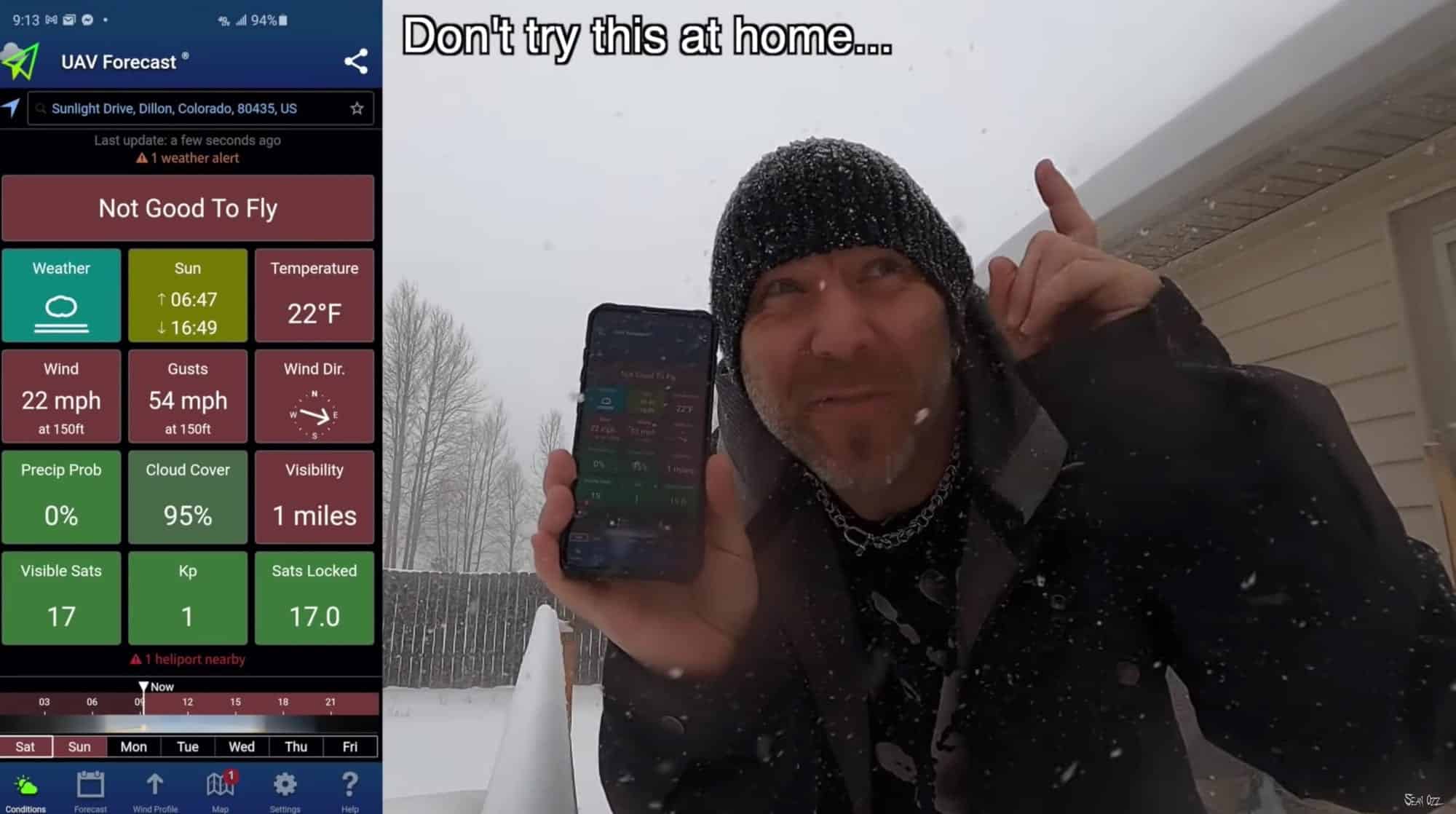 Still from a DJI Mini 2 cold-weather test video showing wintry, windy conditions.