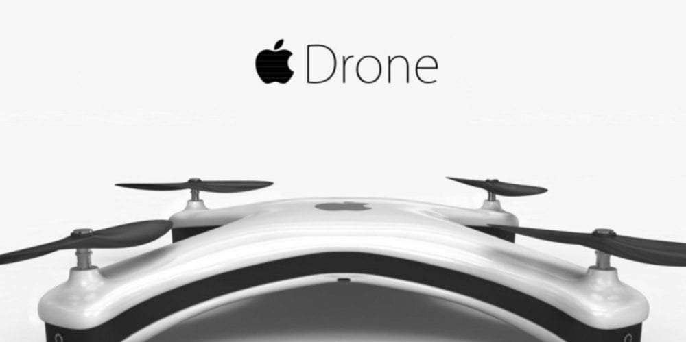 Concept render of a white Apple-branded quadcopter under an Apple logo and the word Drone.