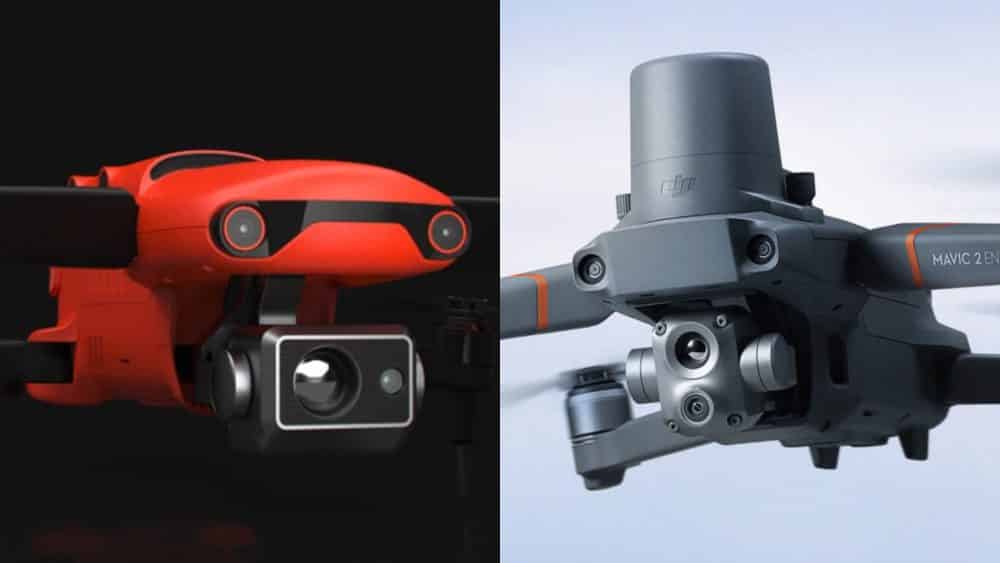Side-by-side close-ups of a red Autel EVO II and a grey DJI Mavic 2 Enterprise.