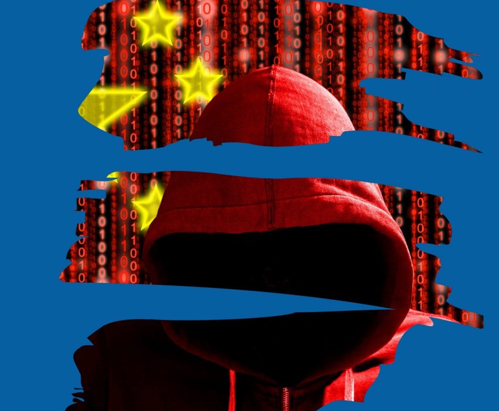 Illustration of a hooded figure overlaid with Chinese flag stars and red binary code.