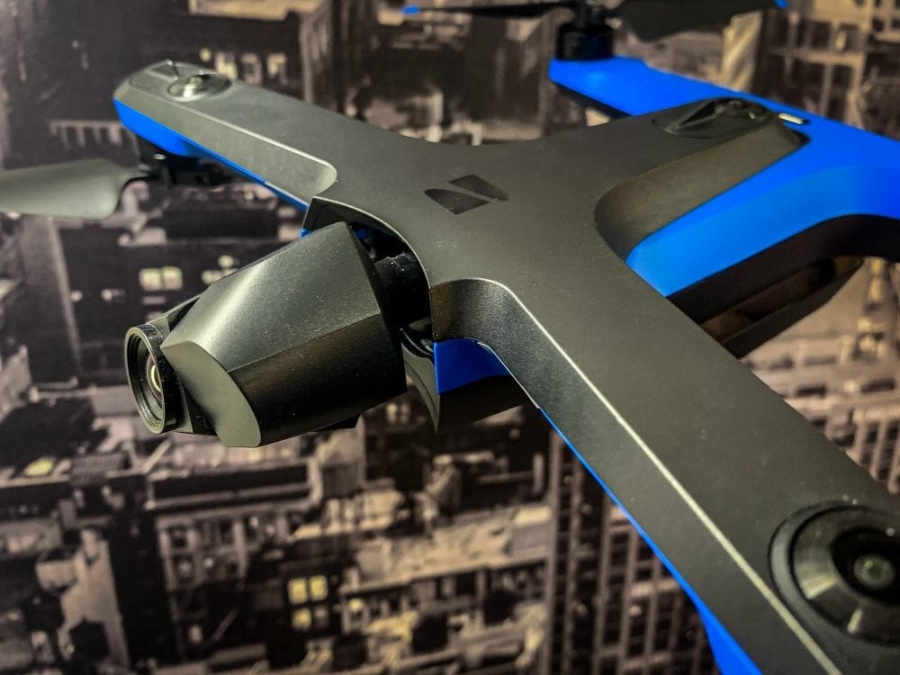 Close-up of a Skydio 2 drone's camera and navigation sensors in blue and black.
