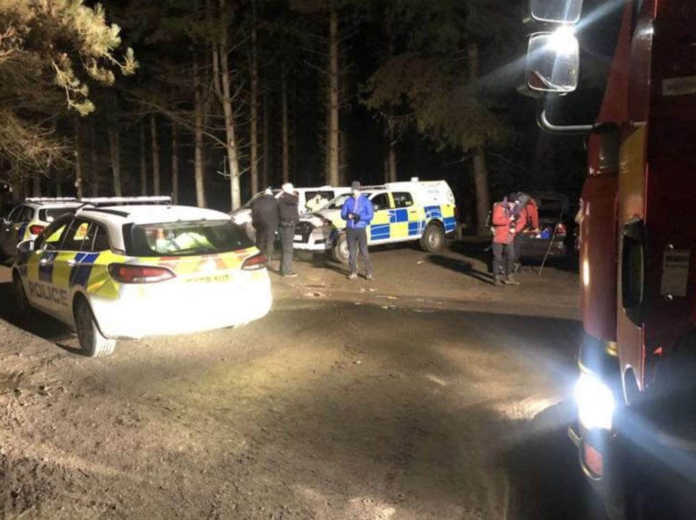 UK police cars and search teams gathered in a dark pine forest at night.
