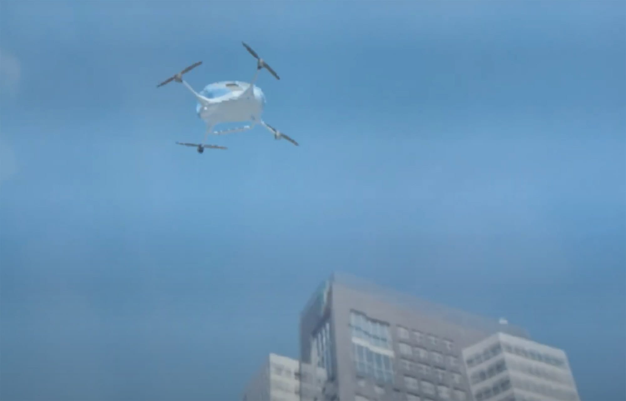Rendering of a white air taxi flying above city rooftops.