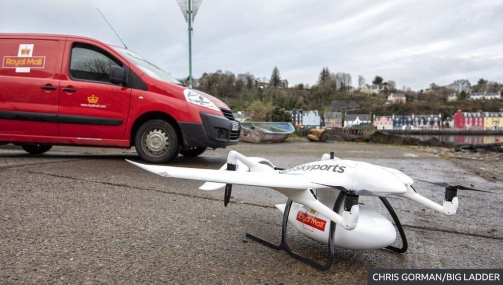 White Skyports delivery aircraft parked beside a red Royal Mail van at a Scottish harbour.