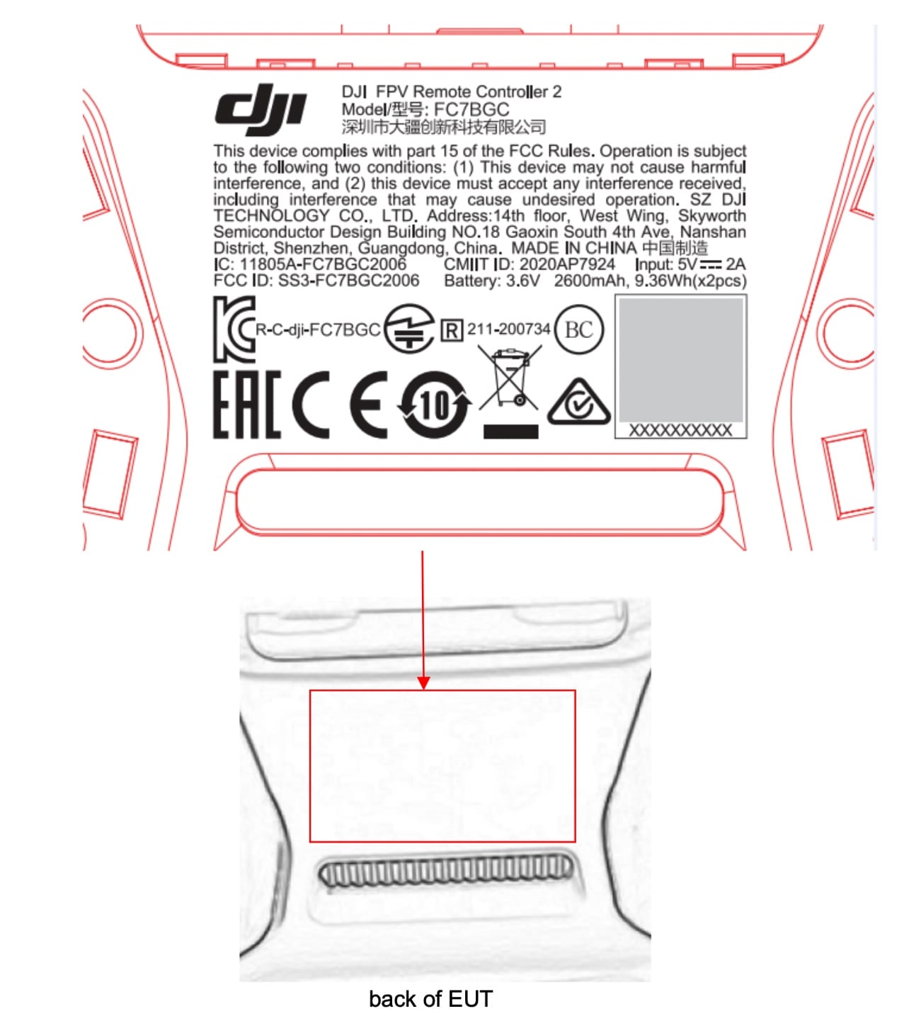 Diagram of the label placement on the bottom of the Remote Controller 2.