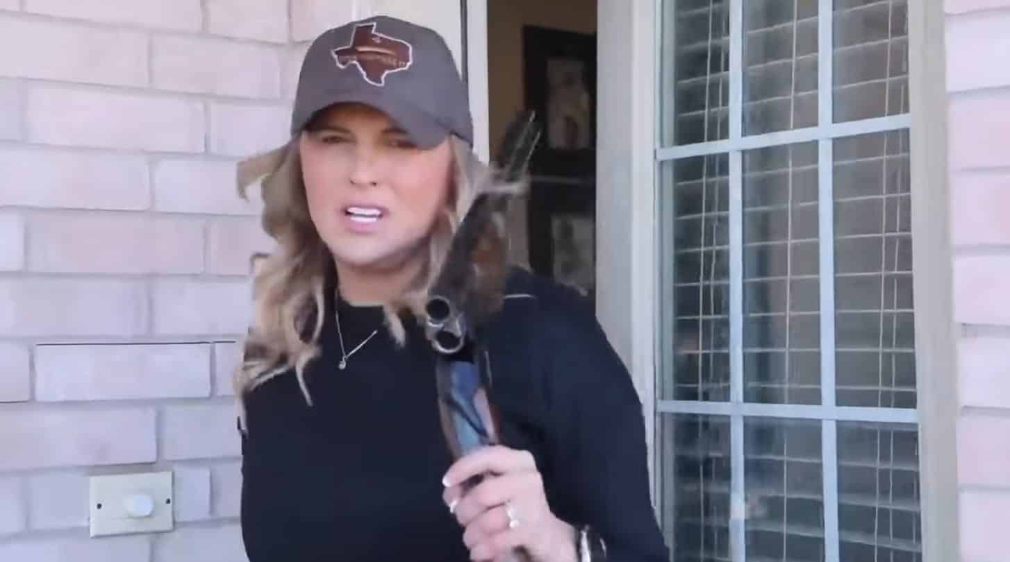 In a video on social media, political candidate Shelley Luther (R-TX) shoots at “Chinese communist drones” flying over her property. 