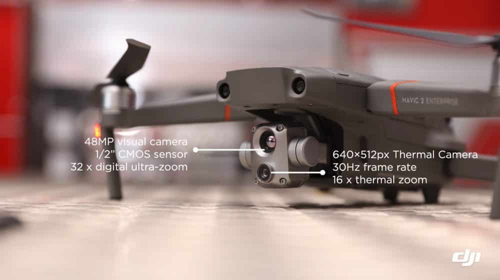 Mavic 2 Enterprise Advanced with labels for its 48MP visual and thermal cameras.
