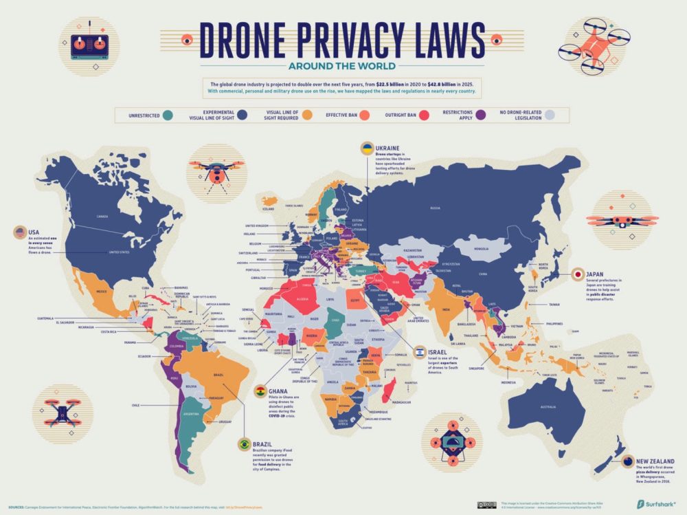 World map visualizing how drone laws vary from country to country.