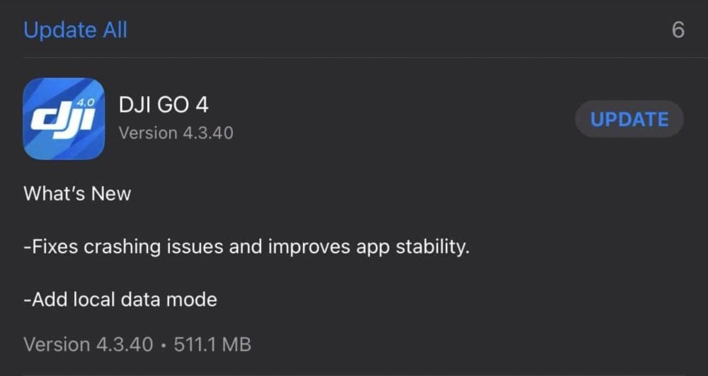 Screenshot of the App Store listing a DJI GO 4 update with its release notes.
