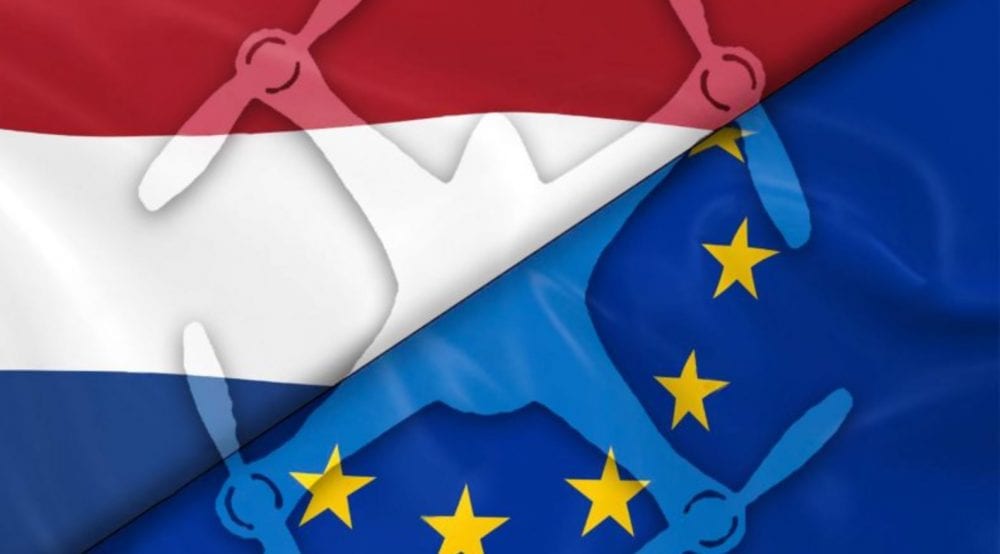 Drone silhouettes laid over the Dutch flag beside the European Union flag.