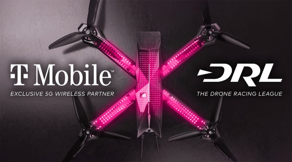 Drone Racing League racer lit with magenta LEDs between T-Mobile and DRL logos.