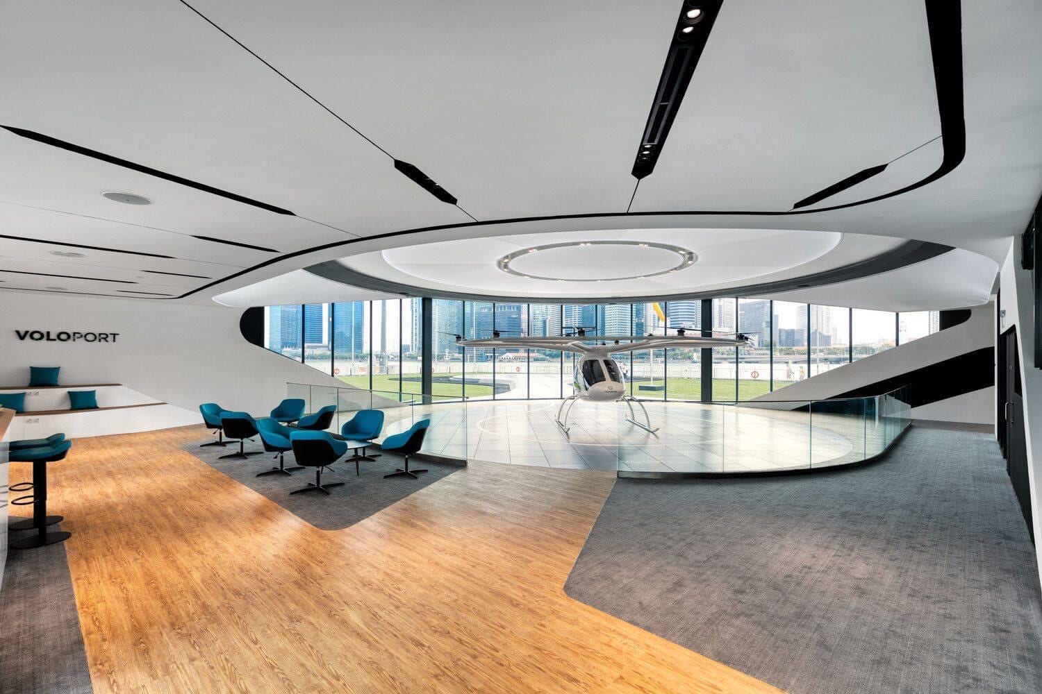 Artist impression of a VoloPort vertiport for Volocopter electric air taxis in Singapore.