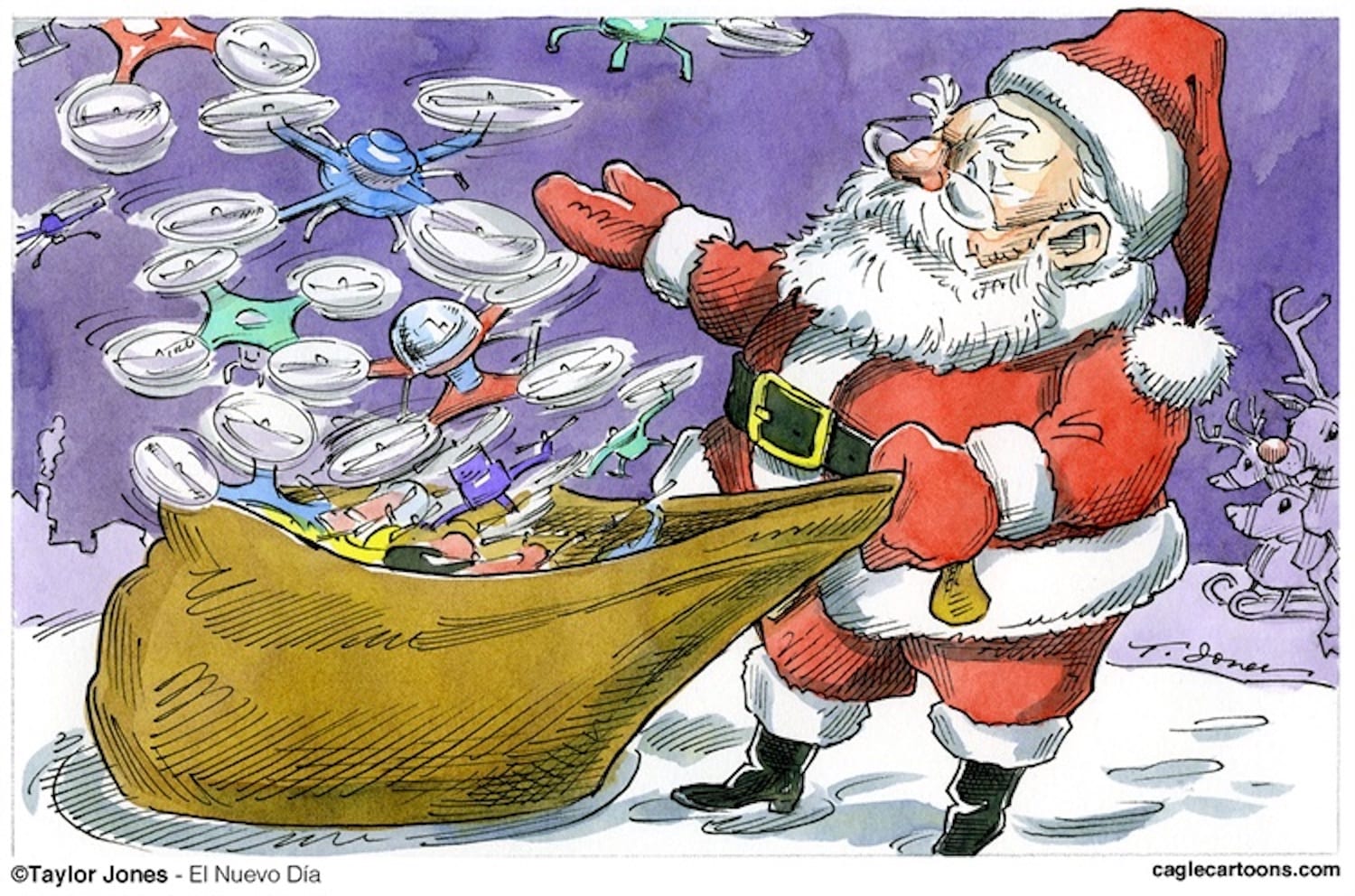 Editorial cartoon of Santa Claus releasing a swarm of drones from his sack.