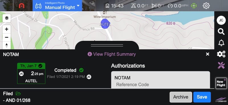 Autel Explorer mission planner screen showing LAANC airspace authorization requested inside the app.