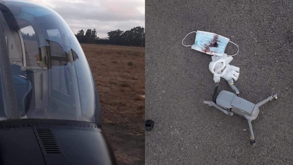 Split image of a cracked helicopter canopy and a wrecked DJI Mavic Air 2.