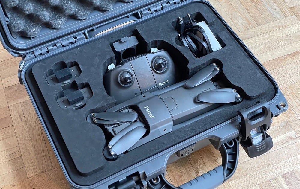 The Parrot Anafi USA in flight, a 1.1-pound (500-gram) Blue sUAS inspection drone.