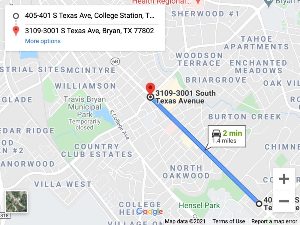 Screenshot of a Google Maps route along South Texas Avenue in Bryan, Texas.