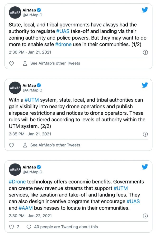 Screenshot of AirMap's deleted tweets suggesting taxes and take-off and landing fees for drone flights.
