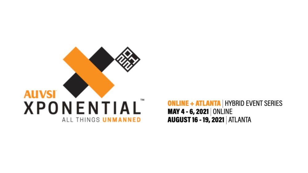 AUVSI Xponential 2021 banner listing online May and Atlanta August event dates.