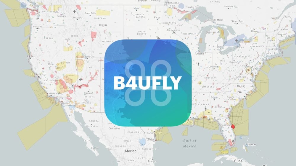 B4UFLY app icon over a United States map shaded with controlled airspace.