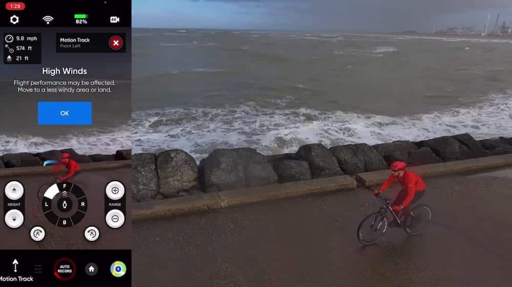 Screenshot of the Skydio app showing a high wind speed warning during the Skydio 2 flight.