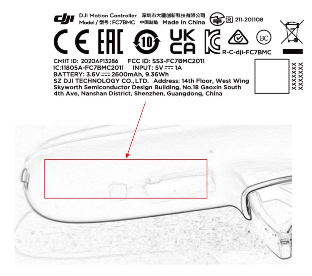 FCC label sheet for the DJI Motion Controller showing model FC7BMC and its placement.