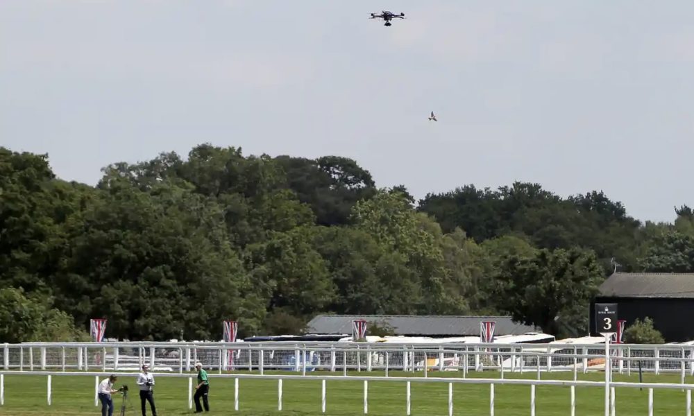 A camera drone hovers above a UK racecourse as a crew films from the rail.