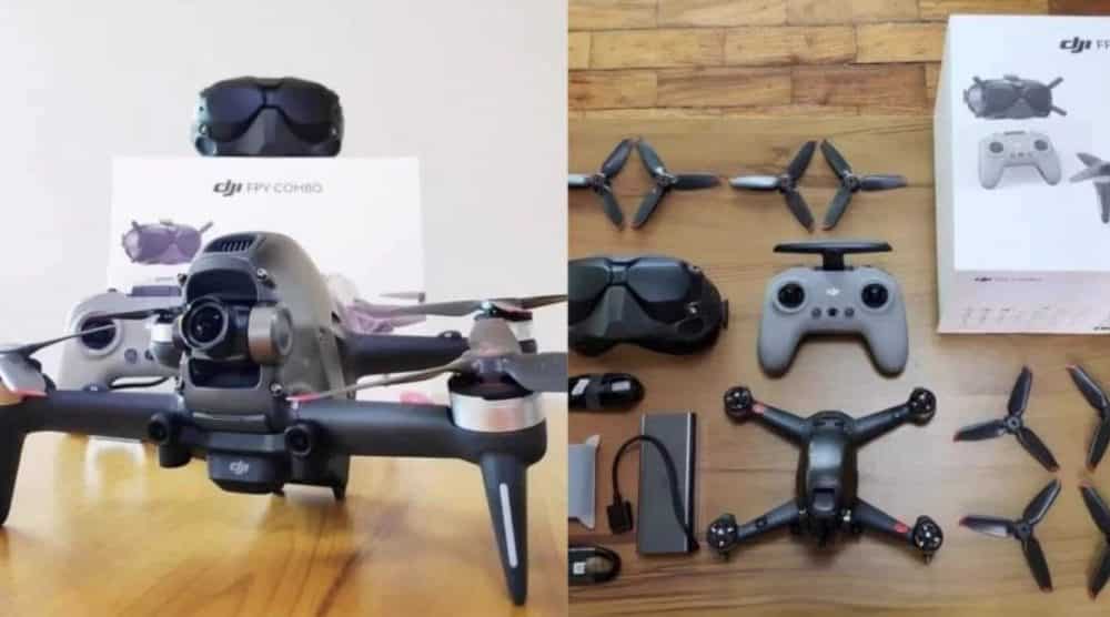 Leaked DJI FPV Combo drone shown beside its full kit laid out on wood.