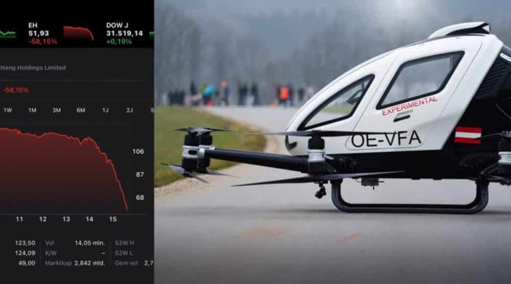 Stock chart showing EHang shares plunging beside an EH216 air taxi marked OE-VFA.