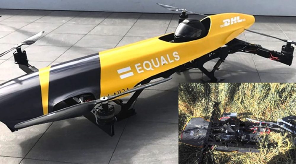 Alauda Airspeeder Mk II racing craft in DHL livery, with an inset of its wreckage.