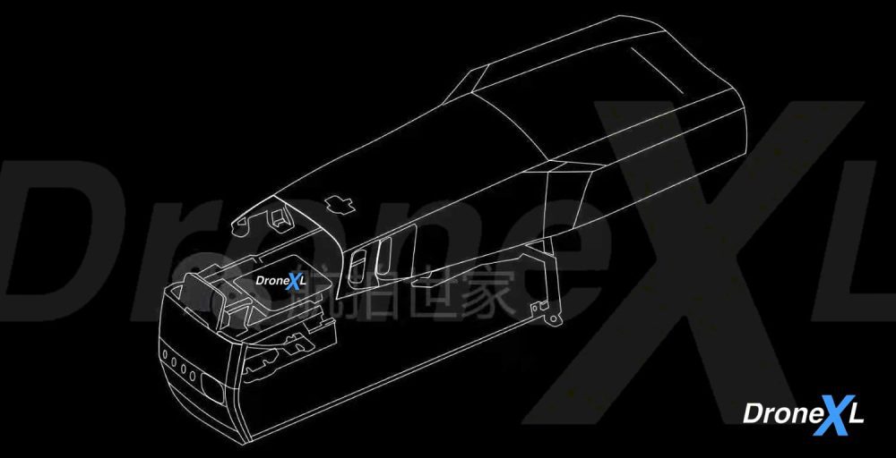 Wireframe CAD line drawing of the folded DJI Mavic 3 body on black.