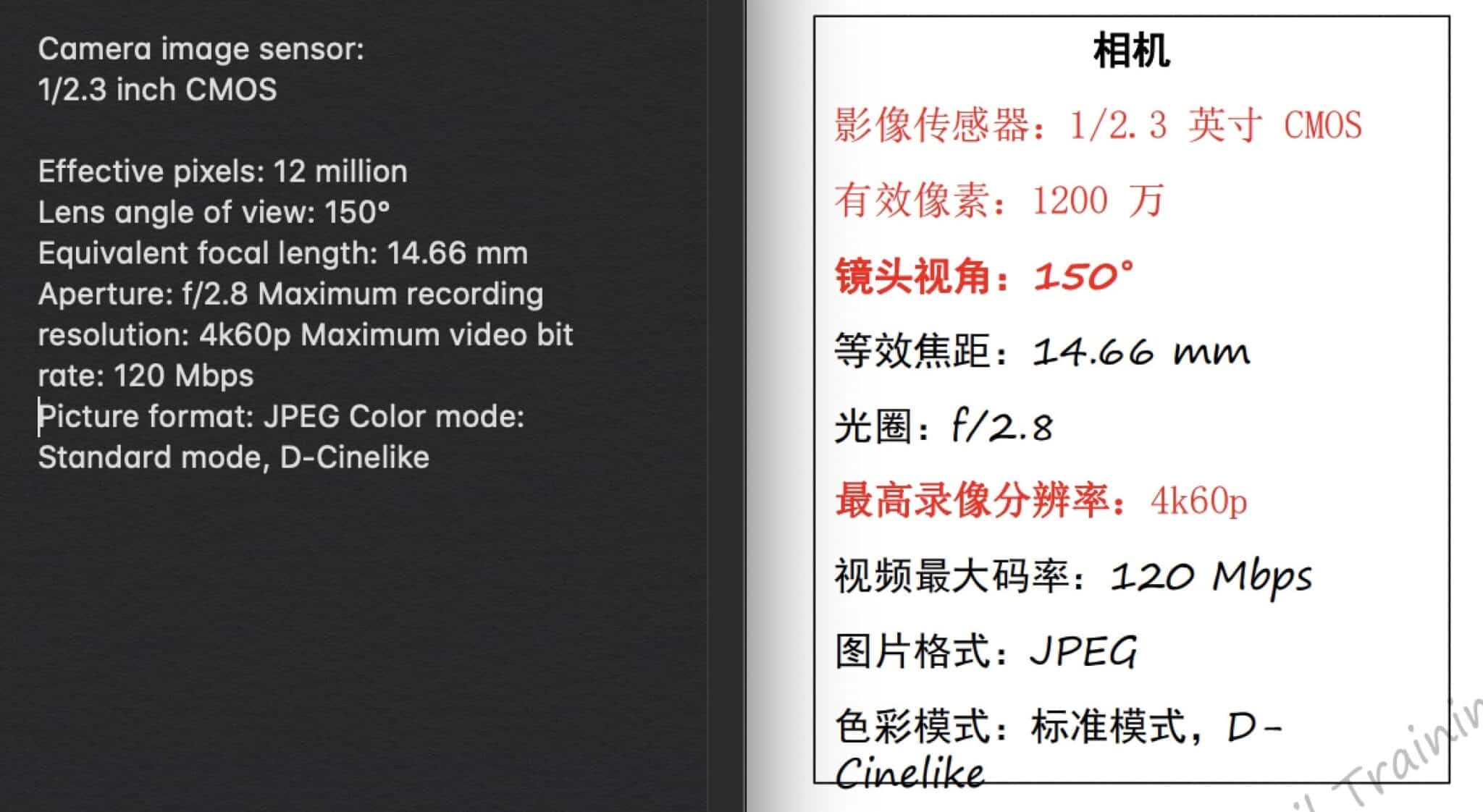 Screenshot of DJI's retail training guide confirming the DJI FPV drone's 120Mbps recording and D-Cinelike profile.