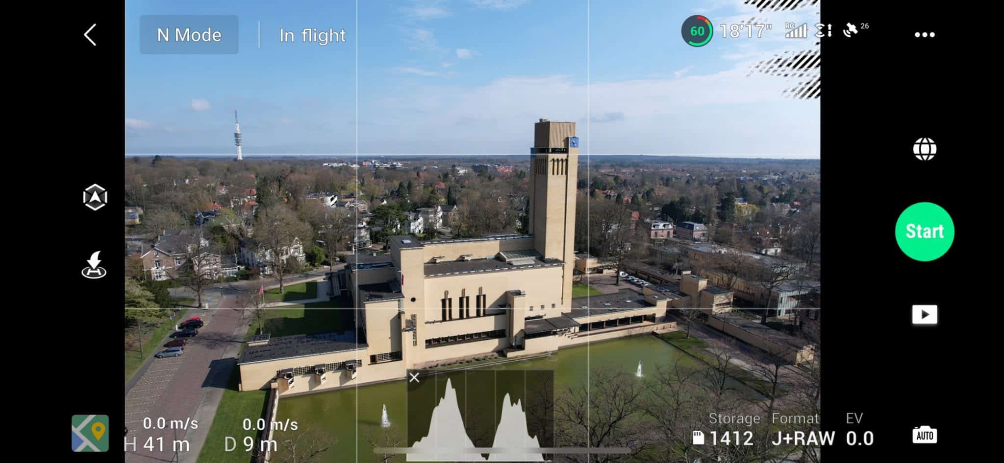 The main screen of the DJI Fly app during a flight.