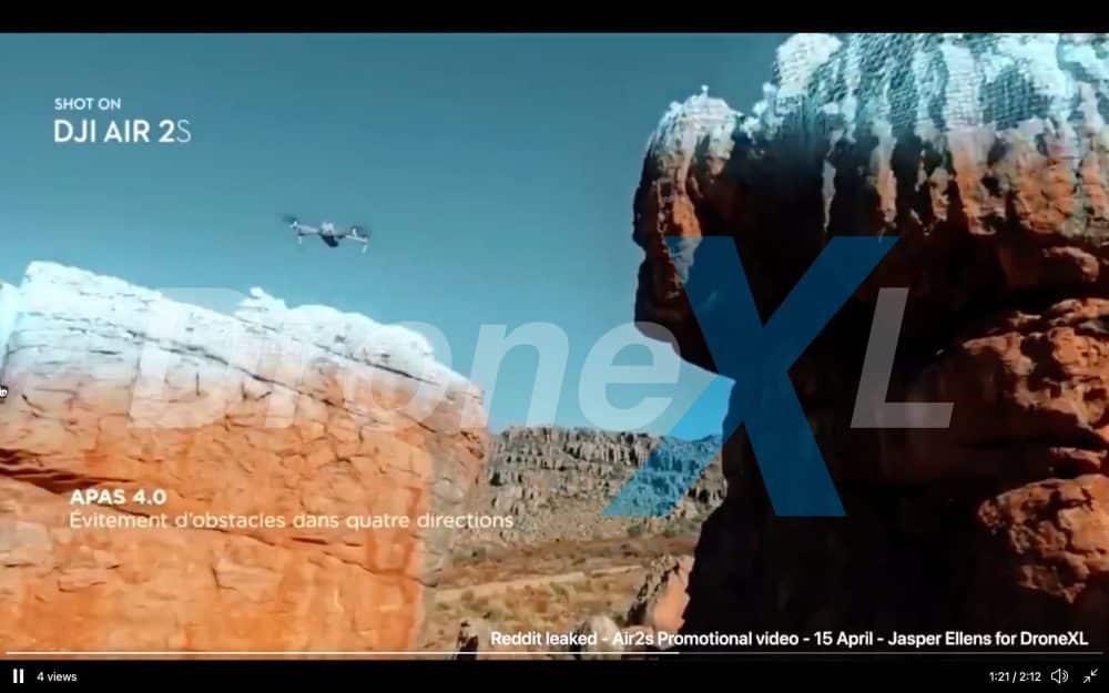 Leaked DJI Air 2S promo frame showing APAS 4.0 obstacle avoidance over red canyons.