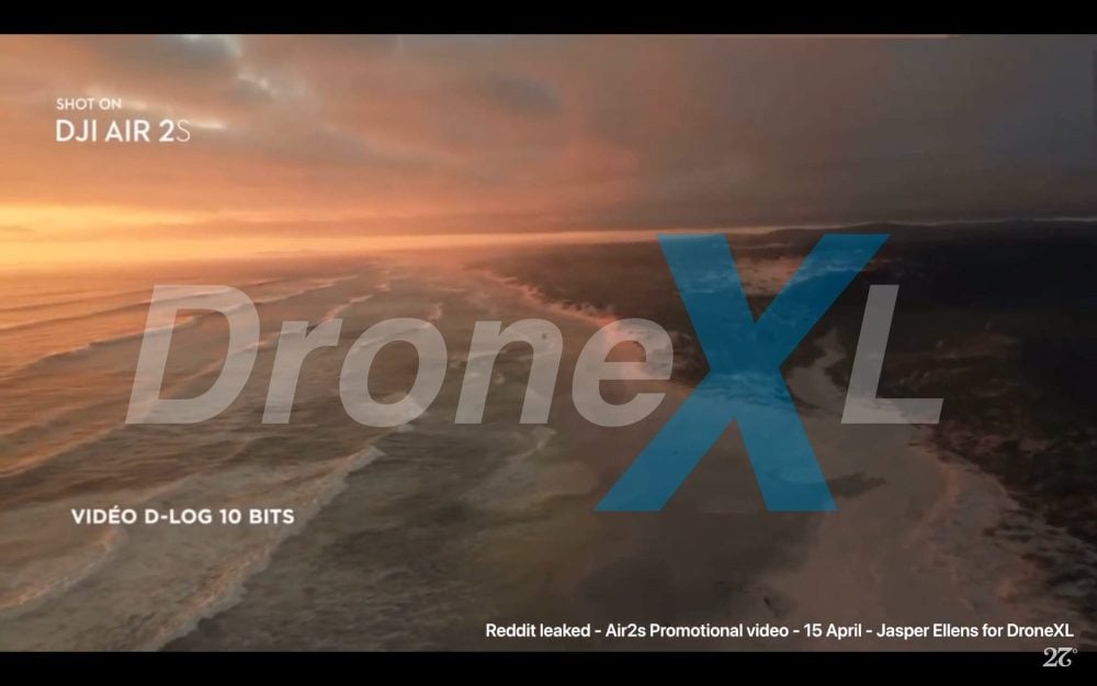 DJI Air 2S promo video frame highlighting the 1-inch sensor and 10-bit D-Log low-light video.
