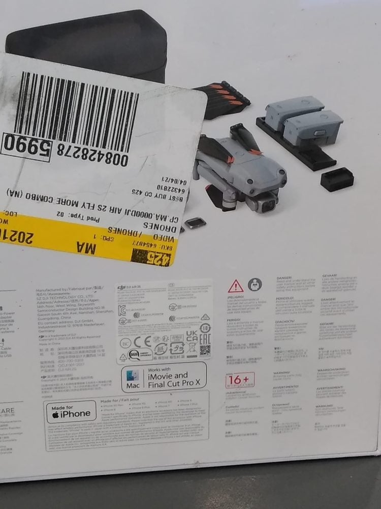 DJI Air 2S Fly More Combo box spotted in a BestBuy display case before launch.