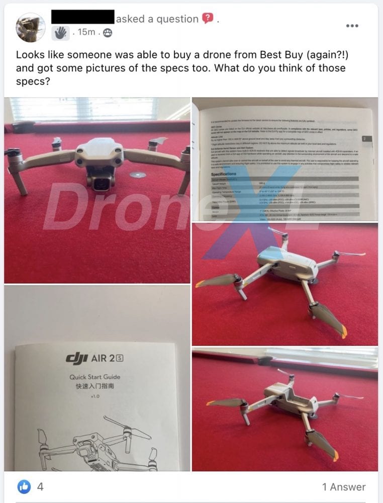Screenshot of a Facebook post sharing photos of an Air 2S and its manual.