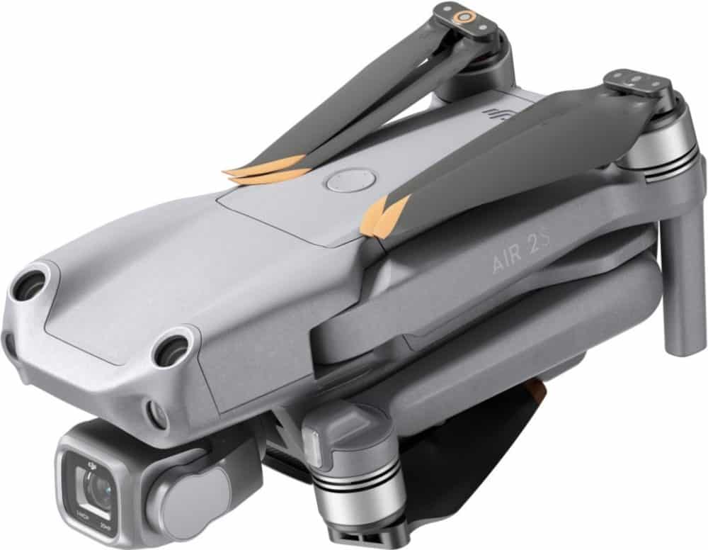 Product render of a folded DJI Air 2S seen from the front.