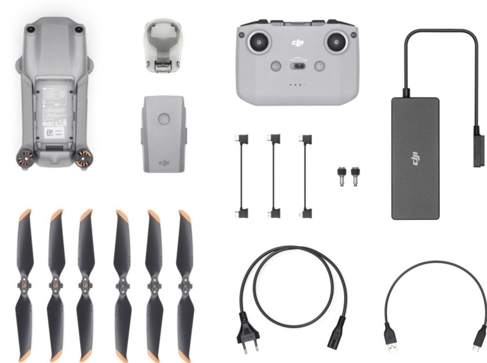 The DJI Air 2S packaged with its controller and standard accessories.
